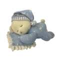 Urso de pelúcia dormindo em travesseiros azul
